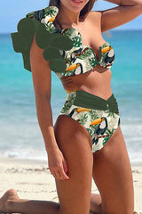 Natural Print Unique Ruffle One Shoulder Bikini