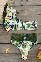 Natural Print Unique Ruffle One Shoulder Bikini