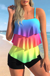 Rainbow Gradient Cute Tiered Ruffle Tankini