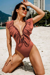 Solid Color Elegant Ruffle V Neck One Piece Swimwear