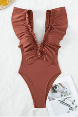 Solid Color Elegant Ruffle V Neck One Piece Swimwear