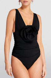 Solid Color 3D Flower Decor Lowkey One Piece Swimwear