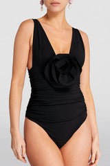 Solid Color 3D Flower Decor Lowkey One Piece Swimwear