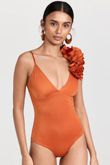 Solid Color 3D Flower Elegant One Piece Swimwear