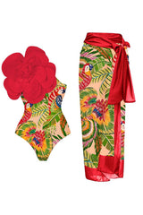 Natural Print Hyperbolic 3D Flower Decor One Piece Swimwear