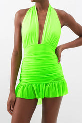 Solid Color Backless Simple Ruffle Three Pieces