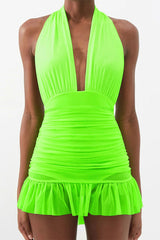 Solid Color Backless Simple Ruffle Three Pieces