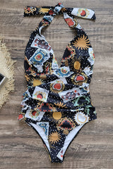 Poker Print Striking Halter Collar One Piece Swimwear