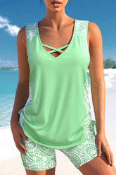Paisley Print Patchwork Casual V Neck Tankini