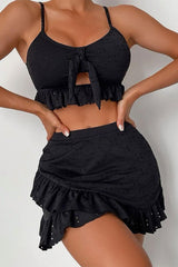 Solid Color Cutout Detail Romantic Ruffles Irregular Three Pieces