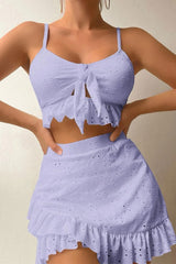 Solid Color Cutout Detail Romantic Ruffles Irregular Three Pieces