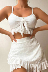 Solid Color Cutout Detail Romantic Ruffles Irregular Three Pieces