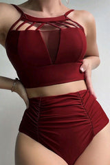Solid Color Cutout Chic Ruched High Waist Bikini