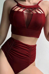 Solid Color Cutout Chic Ruched High Waist Bikini