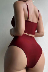 Solid Color Cutout Chic Ruched High Waist Bikini