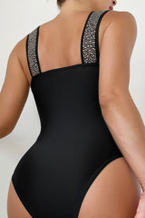 Rhinestone Patchwork Glittery Wide Strap One Piece Swimwear