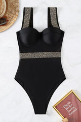 Rhinestone Patchwork Glittery Wide Strap One Piece Swimwear