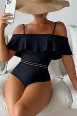 Solid Color Cold Shoulder Glamorous Ruffles One Piece Swimwear