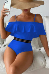 Solid Color Cold Shoulder Glamorous Ruffles One Piece Swimwear