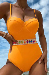 Multicolor Geo Lace Trim Modern Scalloped One Piece Swimwear