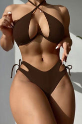 Solid Color Cross Halter Flirty Cutout Drawstring Bikini