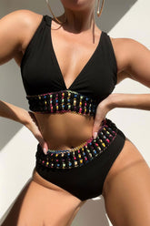 Rainbow Stitch Trim Unusual V Neck Bikini