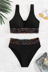 Rainbow Stitch Trim Unusual V Neck Bikini