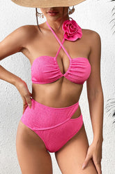 Solid Color 3D Flower Decor Striking Cutout High Waist Bikini
