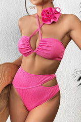 Solid Color 3D Flower Decor Striking Cutout High Waist Bikini