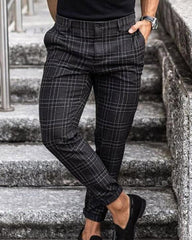 Men' s Casual Grid Skinny Long Pants