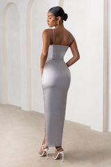MINK SATIN SWEETHEART NECK CORSET FRONT SPLIT MAXI DRESS