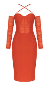 CORSET RUCHED MIDI DRESS IN RED