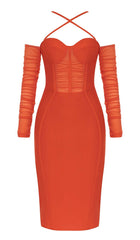 CORSET RUCHED MIDI DRESS IN RED