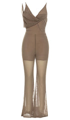 COWL-NECK SEQUIN JUMPSUIT IN KHAKI