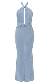 CUTOUT HALTER MIDI DRESS IN MISTY SKY