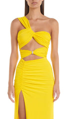 CUTOUT ONE-SHOULDER MIDI DRESS IN LEMON