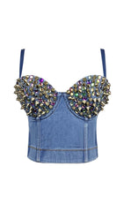 DENIM CRYSTAL CROPPED TOP IN BLUE