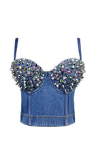 DENIM CRYSTAL CROPPED TOP IN BLUE