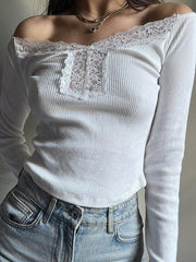 White Lace Trim Ribbed Long Sleeve Crop Top