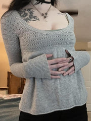 Gray Pointelle Knit Long Top