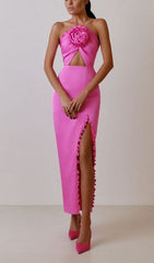 FLORAL EMBELLISHED SLIT MIDI DRESS IN PINK