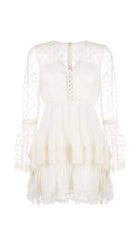 FLORAL-LACE TIERED MIDI DRESS IN LVORY