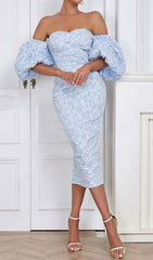 FLORAL-PRINT PUFF SLEEVE MIDI DRESS IN CLEAR SKY