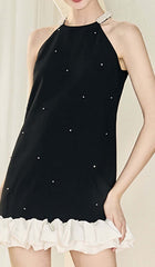 FRILL PEARL MINI DRESS IN BLACK