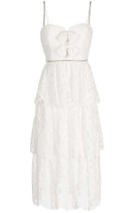 FRONT BOW TIERED MIDI DRESS IN WHITE