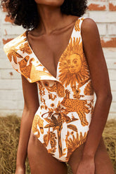 Natural Print Ruffle Shoulder Asymmetric Retro Strappy One Piece Swimwear