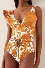 Natural Print Ruffle Shoulder Asymmetric Retro Strappy One Piece Swimwear