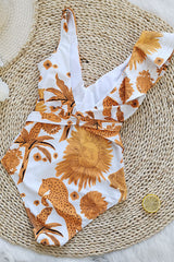 Natural Print Ruffle Shoulder Asymmetric Retro Strappy One Piece Swimwear