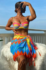 Rhombus Print Colorful Underwired Lace-Up Three Pieces