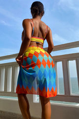 Rhombus Print Colorful Underwired Lace-Up Three Pieces